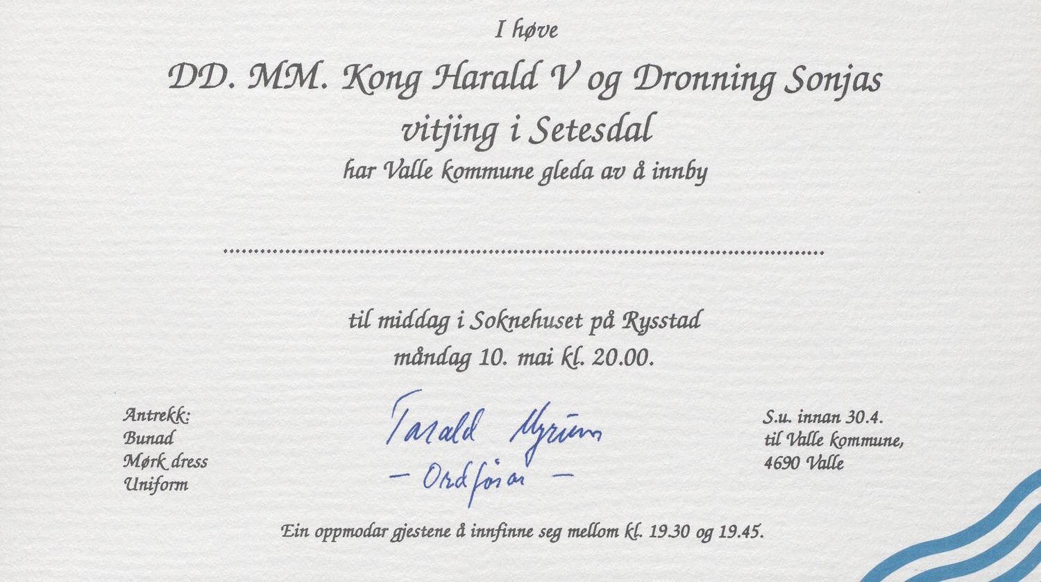 Innbydelse til middag på Rysstad i forbindelse med kongebesøket 10. mai 1993 utsnitt
