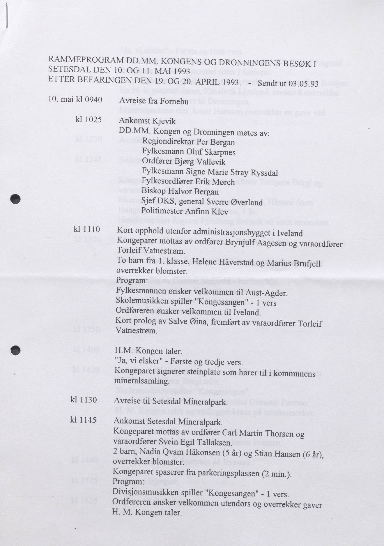 Rammeprogram for kongebesøk til Setesdal 10. og 11. mai 1993 s. 1